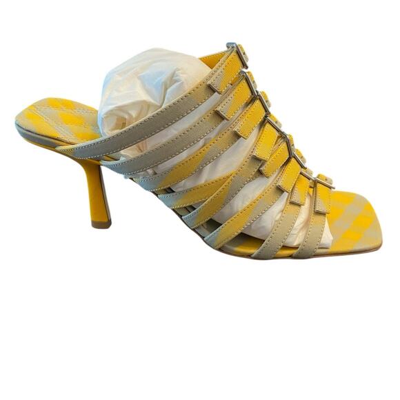 Burberry 76MM Step Check Cotton Heeled Strappy Sandals Buckled Square Toe Sz38.5